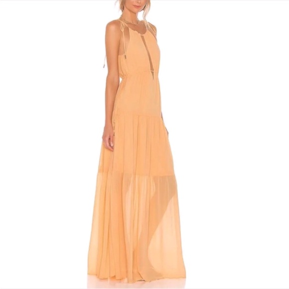 Lovers+Friends] Deep slits Drawstring neck line&waist Crepe Maxi Dress Tangerine - Picture 1 of 16